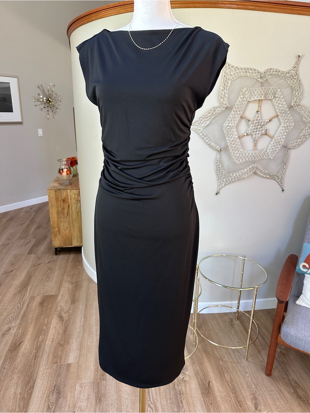 H&M Black bodycon stretch high boat neck Ruched Midi Dress
